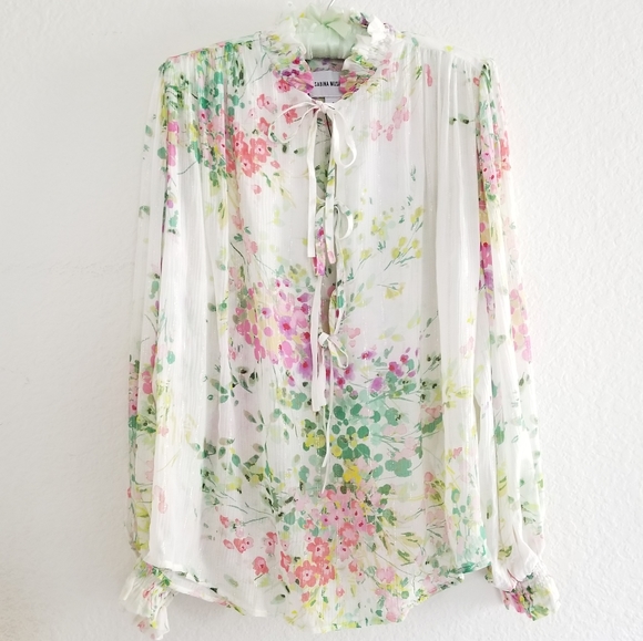 Sabina Musayev Floral Puff Sleeve Tie Top Size S White Multicolor - Picture 3 of 11